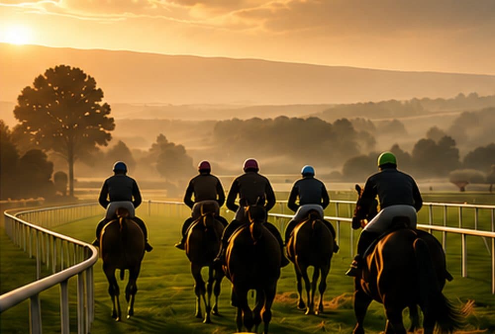 Horses working on the gallops at sunrise