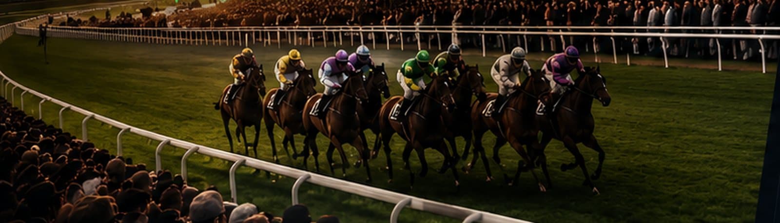 A field of horses racing in front of a packed grandstand